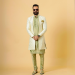 Alluring Cream Geometrical Thread Embroidered Open Sherwani with Lime Green Kurta-Pajama Set | Father Son Combo | Jaipurio Collection